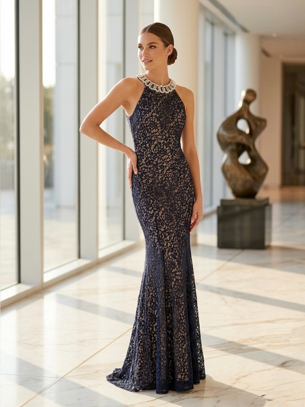 Embellished Neckline Black Lace Evening Gown